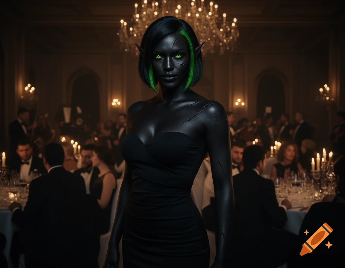 Photorealistic image of a dark-skinned woman with pointy ears and green-highlighted black hair in a black dress, standing in a dimly lit banquet hall.