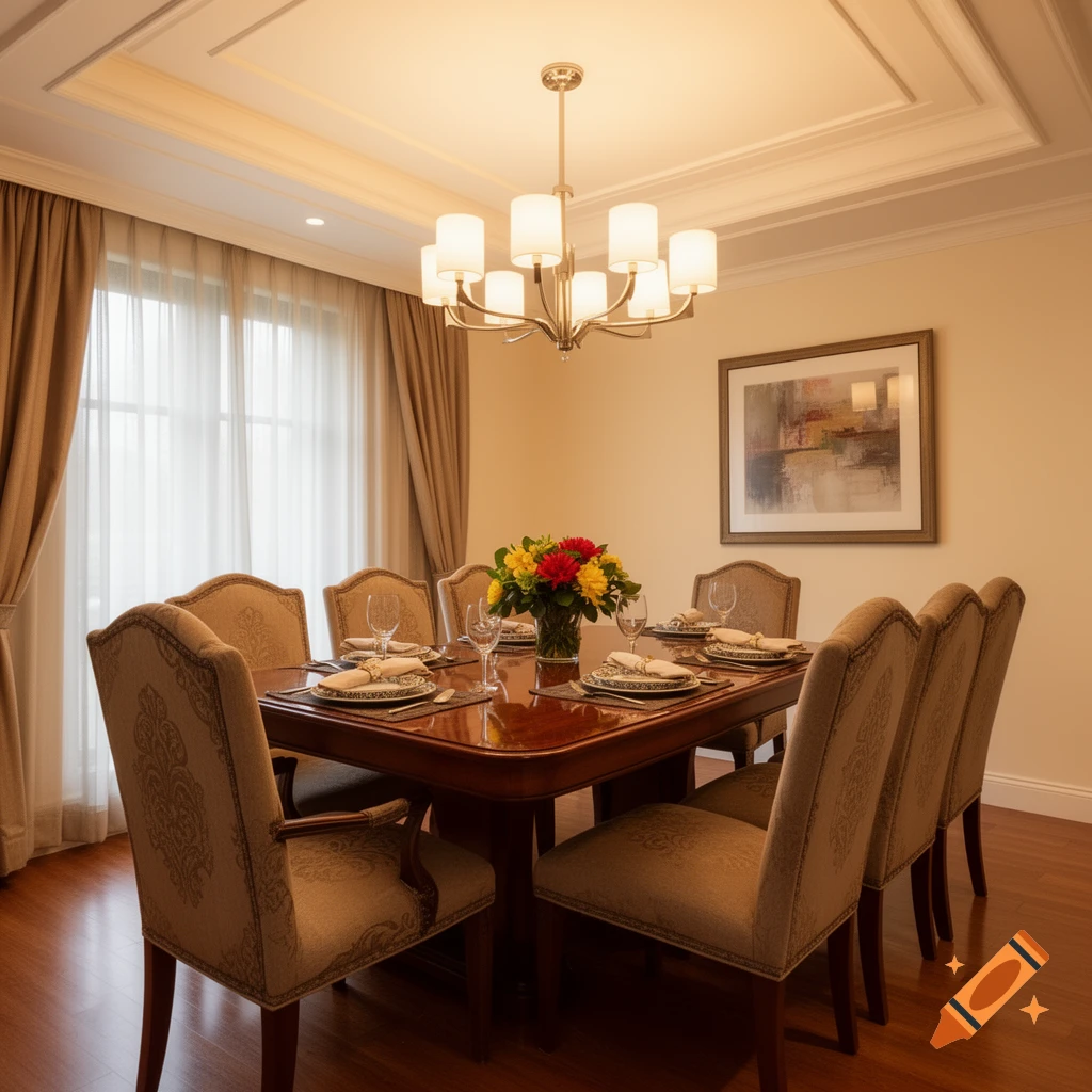 A warmly lit dining room with a long wooden table set for dinner, surrounded by upholstered chairs, under a chandelier, with a floral centerpiece.