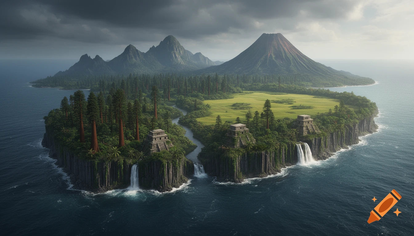 Aerial view of a lush, rugged island featuring Mayan ruins, waterfalls, dense forests, a river, and a towering volcano under a cloudy sky.
