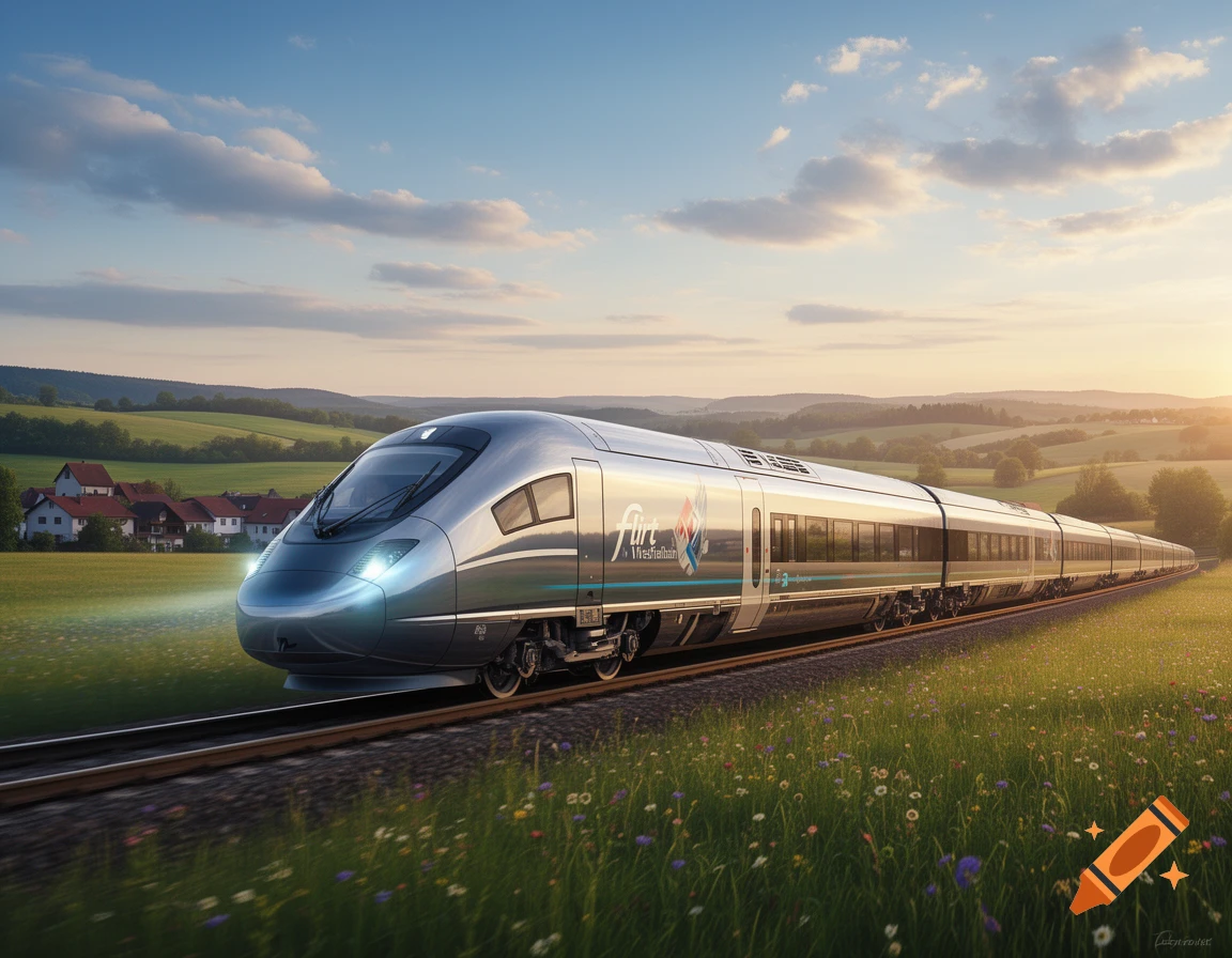 A modern silver train with blue accents travels through a green, flowery field under a bright blue sky at sunset.