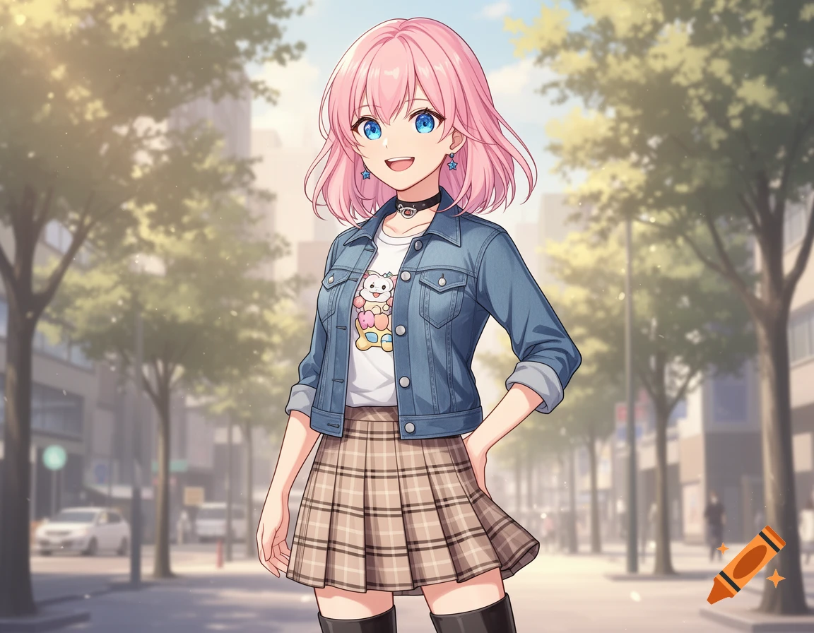 An anime girl with pink hair and blue eyes stands confidently on a sunny city street, wearing a denim jacket, plaid skirt, and a white t-shirt.