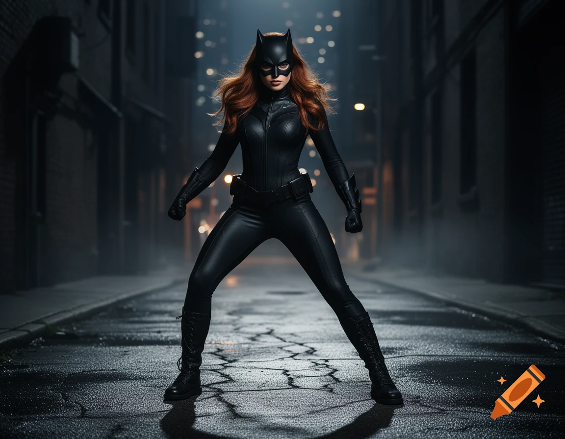 A female superhero in a black catsuit with a bat-eared mask and red hair stands in a dynamic pose in a dark, wet alley at night, city lights blurred in the background.