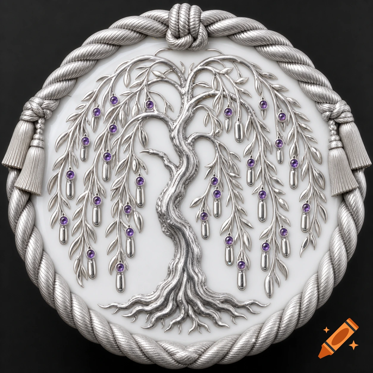 A circular silver emblem with a stylized tree adorned with purple amethyst gems, set on a white background and framed by a detailed silver rope.