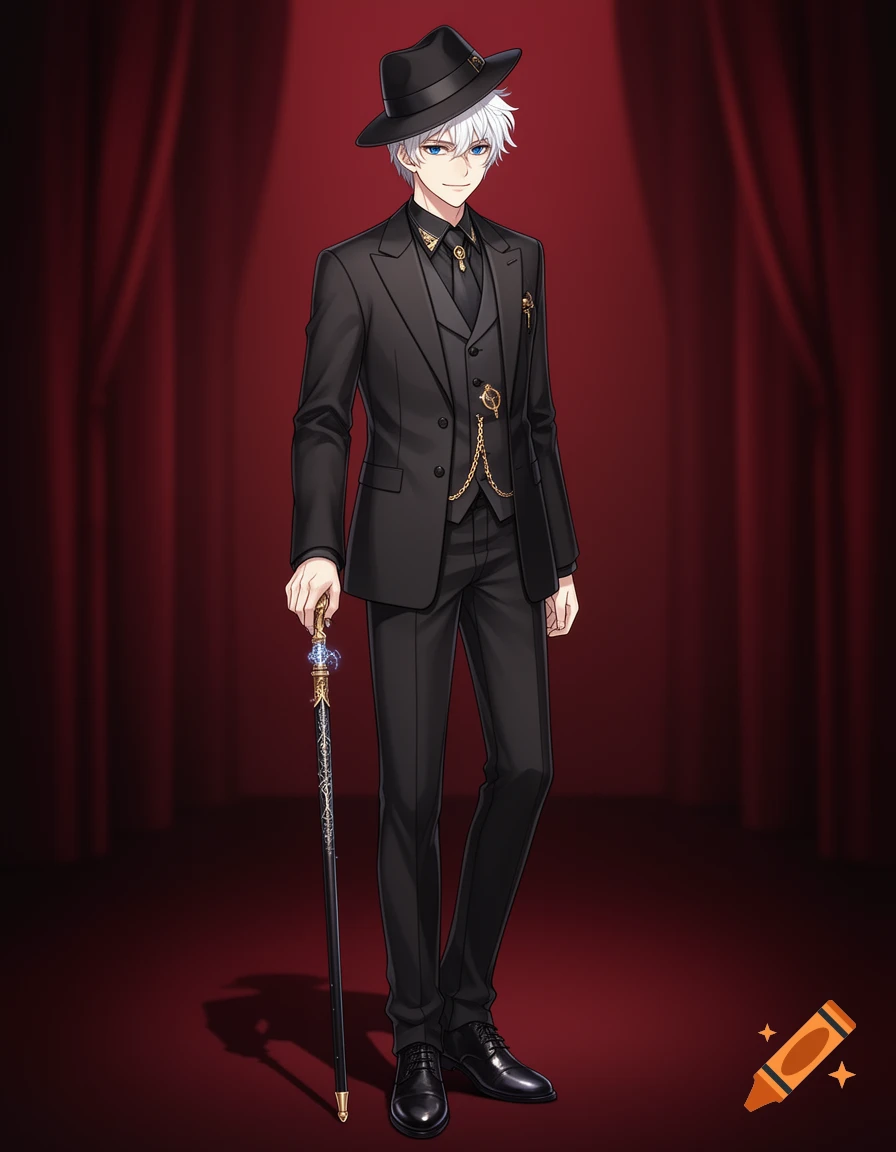 Anime-style young man with white hair and blue eyes, wearing a black three-piece suit and fedora, holding an ornate cane, against a red curtain.