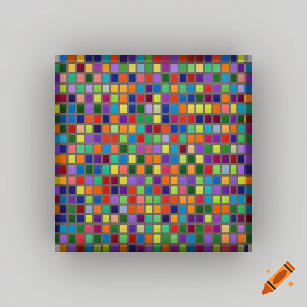 A square grid of many small, vibrantly colored squares, set against a light grey background with subtle shadowing.