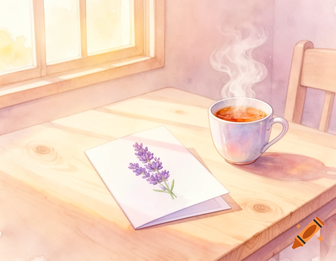 Soft watercolor painting of a steaming cup of tea and a card with a lavender branch on a wooden table by a sunny window.