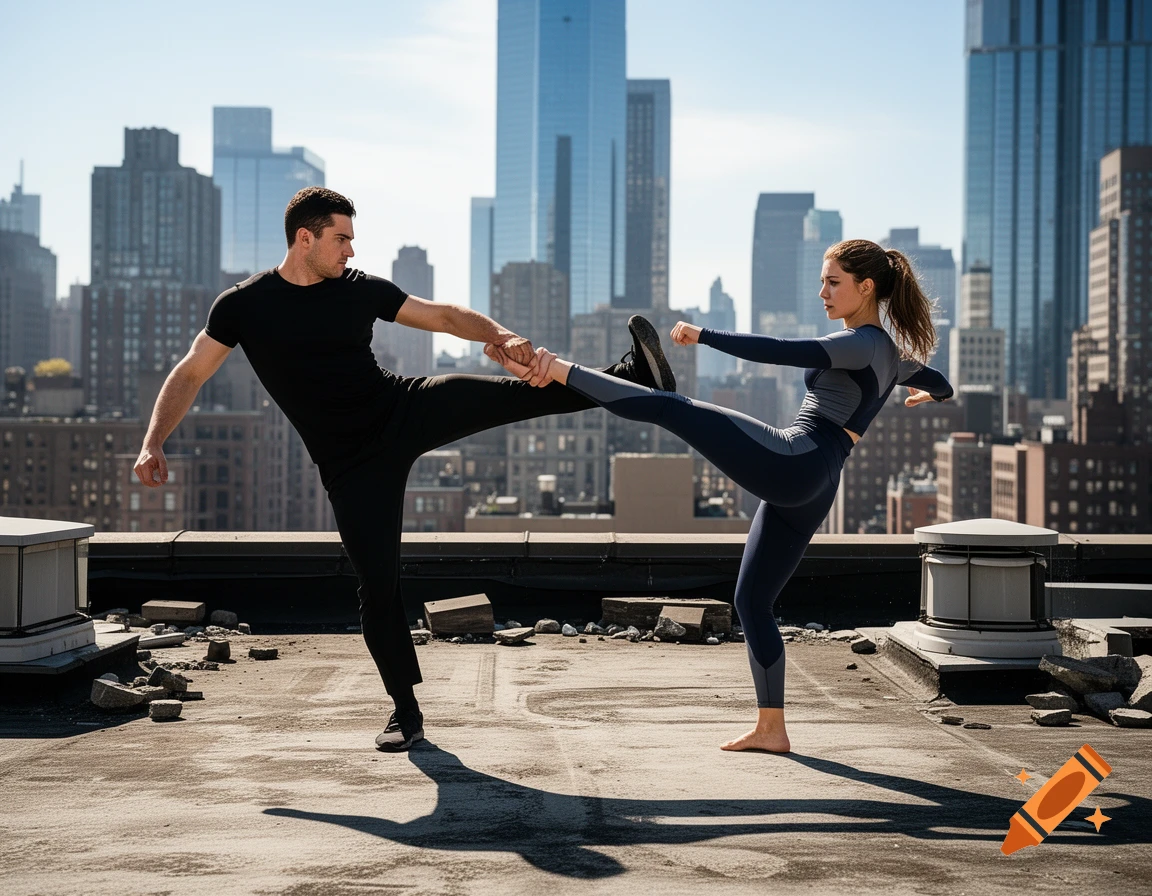 A man and a woman perform a martial arts pose on a city rooftop, with a high-rise skyline in the background.