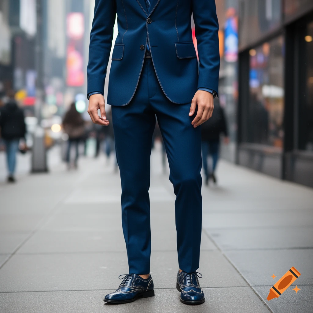 A person in a navy blue suit and matching dress shoes stands on a city sidewalk, with blurred urban background.