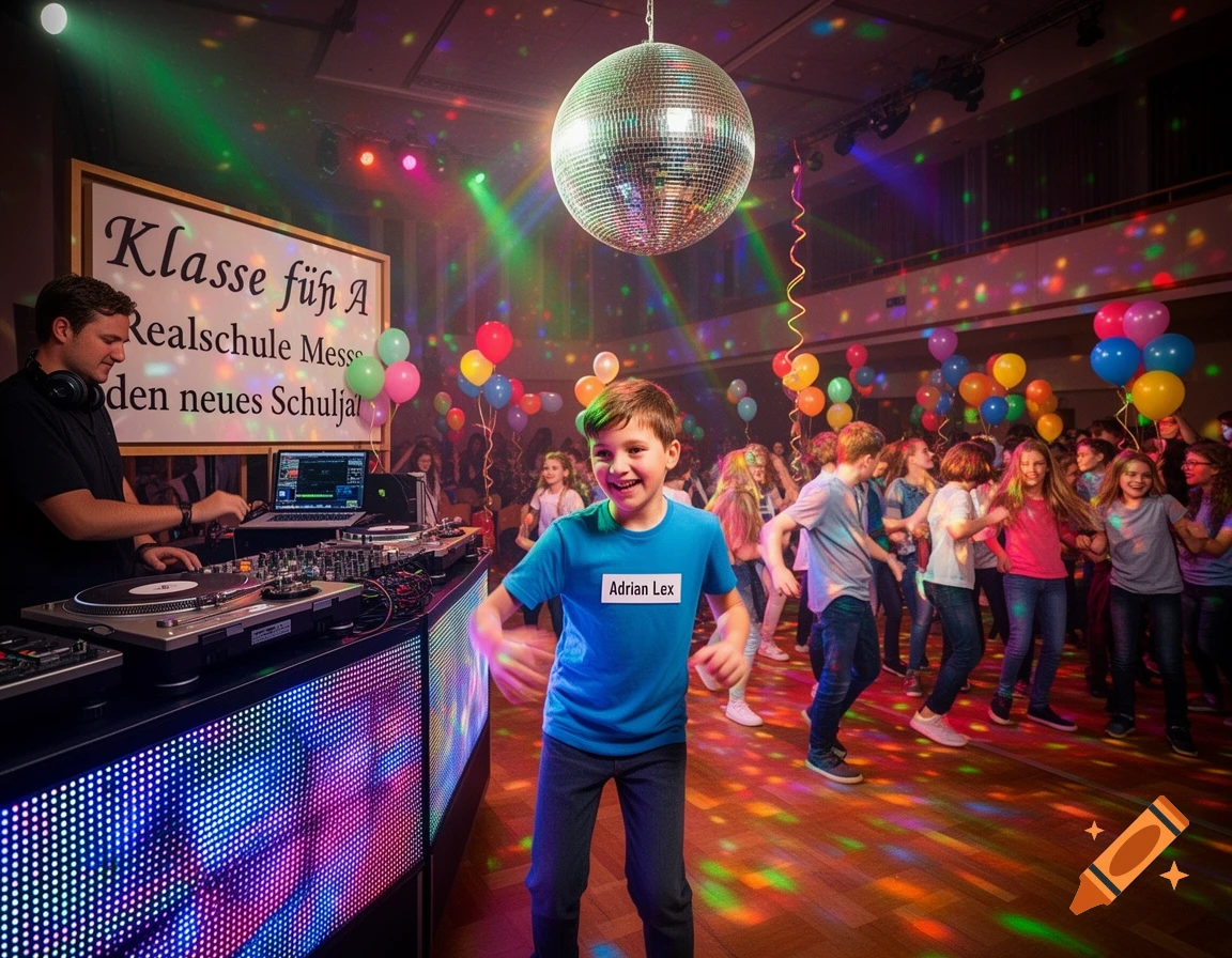 A lively disco party with a DJ, a shiny disco ball, and many children dancing. A boy in a blue shirt with "Adrian Lex" printed on it smiles in the foreground. Colorful balloons and lights fill the room.