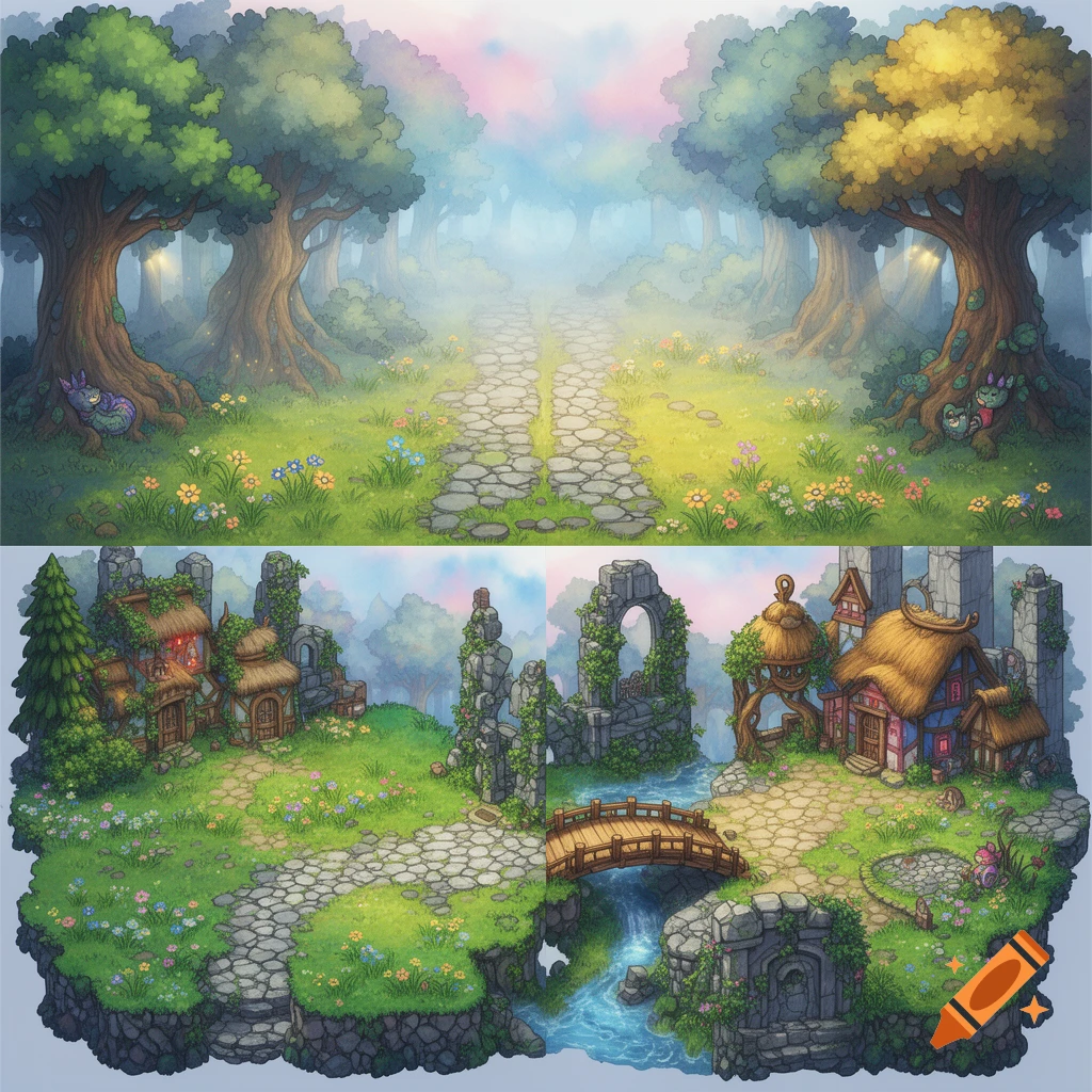 A 2D game art style fantasy landscape split into two sections: a misty forest path and a village with houses, ruins, a river, and a wooden bridge.