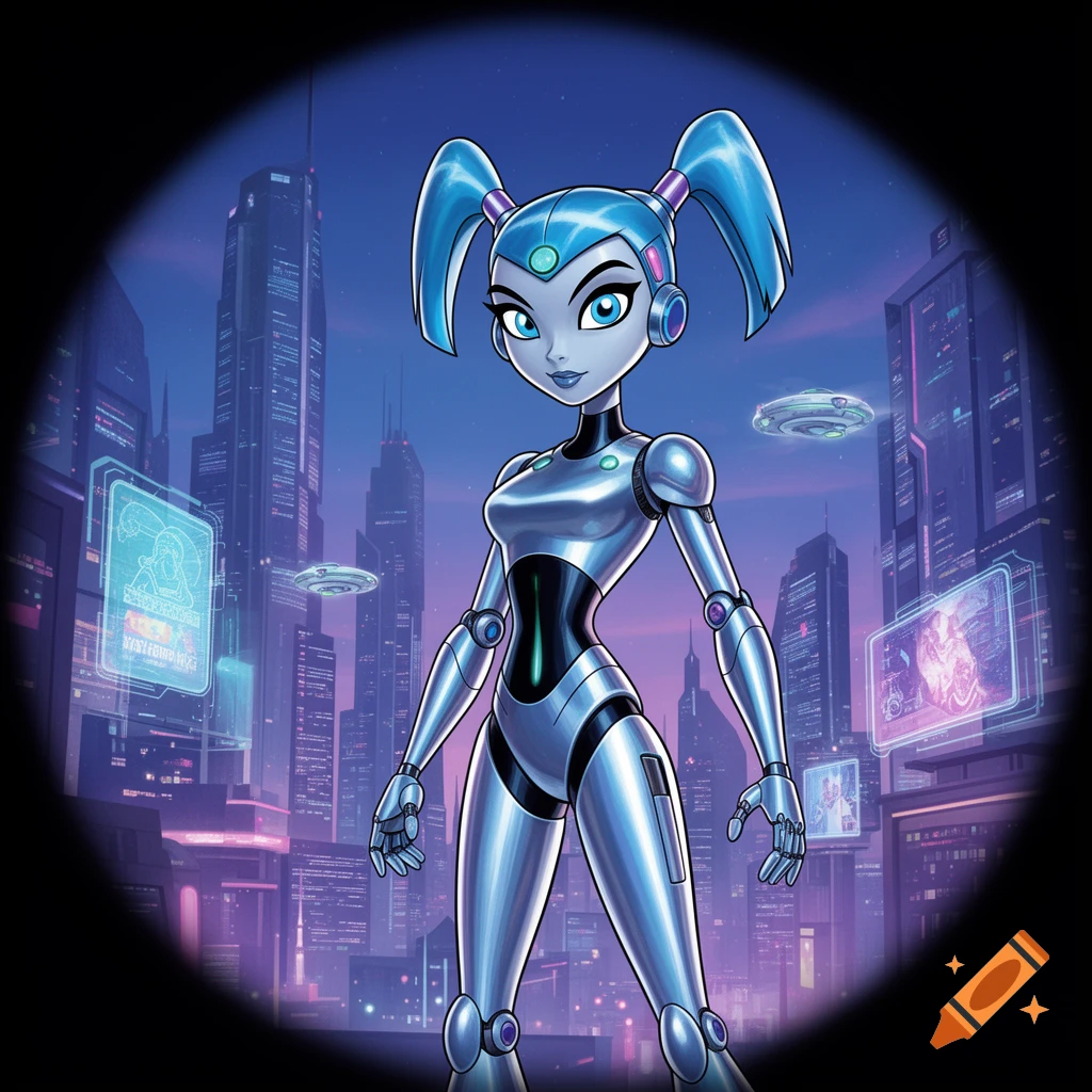 A cartoon robot girl with blue pigtails stands in a futuristic city with flying saucers and holographic screens.