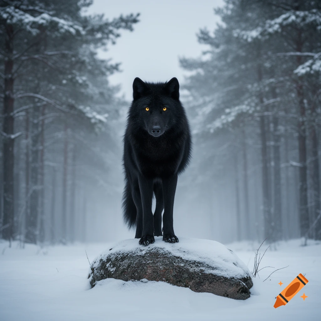 A black wolf with glowing yellow eyes stands on a snow-covered rock in a misty winter forest.