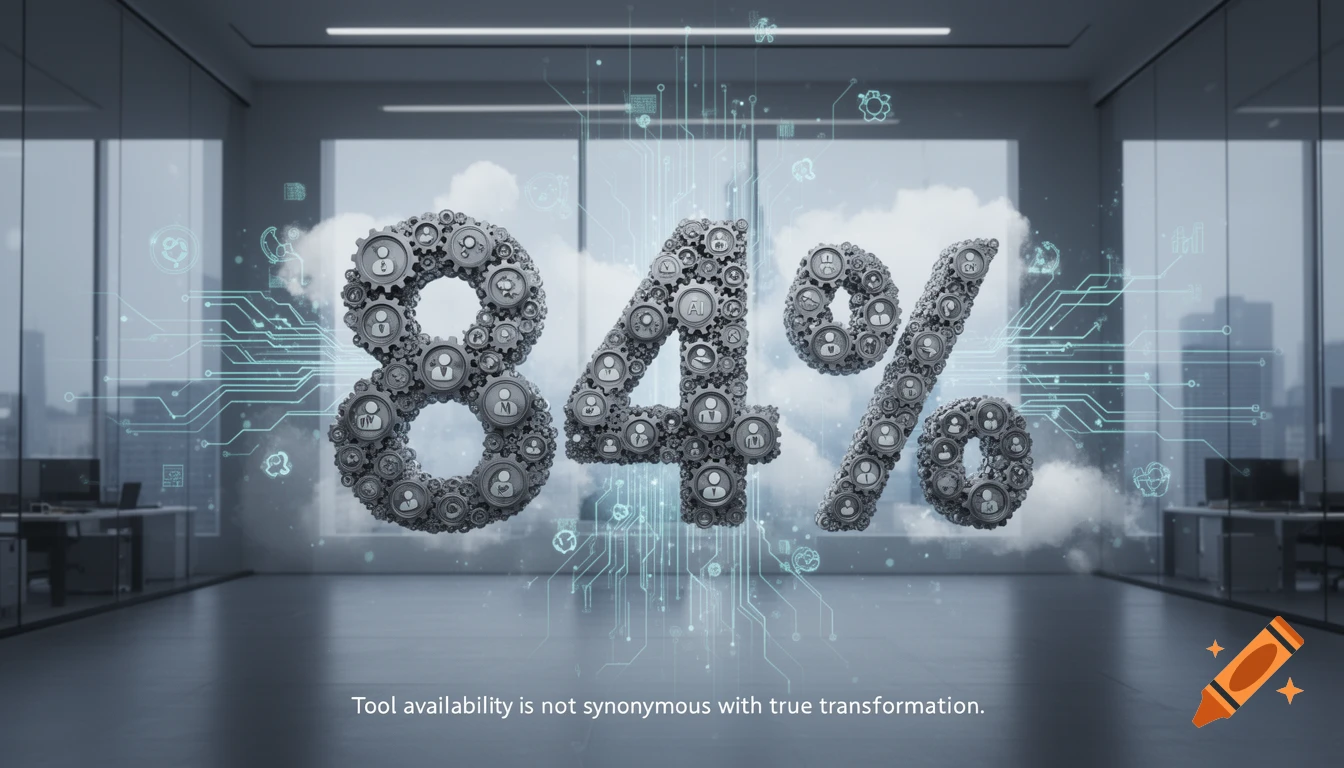 The number 84% made of gears and tiny person icons, with a circuit board overlay, stands in an office with a city view. Text reads: 'Tool availability is not synonymous with true transformation.'