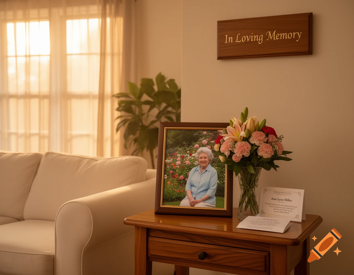A framed photo of a smiling elderly woman in a garden, with a bouquet of flowers and memorial cards on a wooden side table, and a wooden sign saying "In Loving Memory" on the wall in a sunlit room.