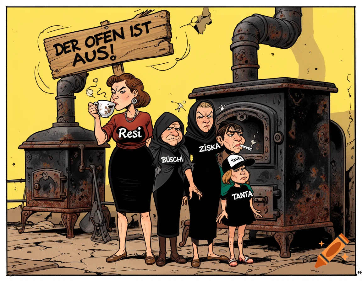 Four grumpy women, named Resi, Büschi, Ziska, and Tanta, stand by a rusty wood stove with a sign reading "DER OFEN IST AUS!" in a comic book style.