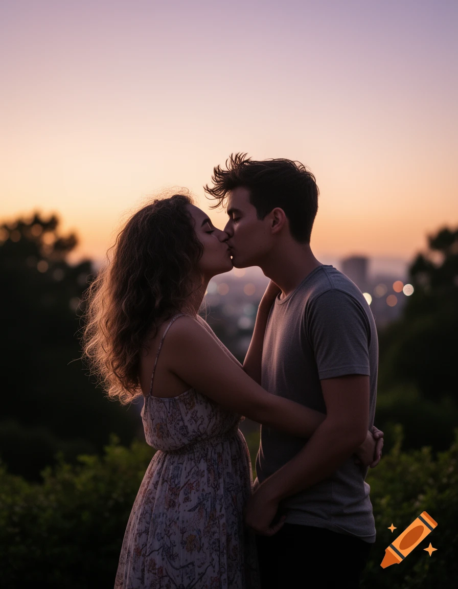 A couple kissing intimately at sunset, silhouetted against a warm gradient sky with a blurred city skyline and trees below.