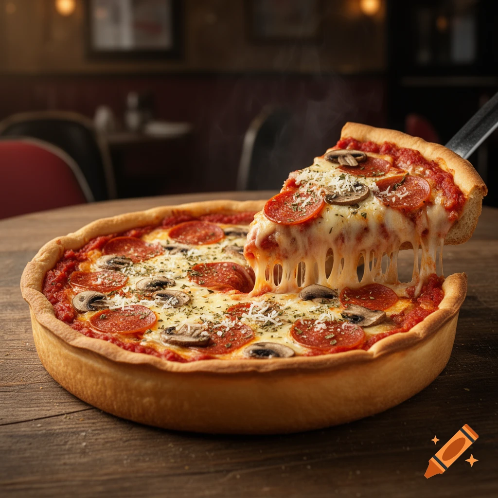 A steaming Chicago-style deep-dish pizza with pepperoni and mushrooms. A slice is lifted, showing gooey, stretching cheese.