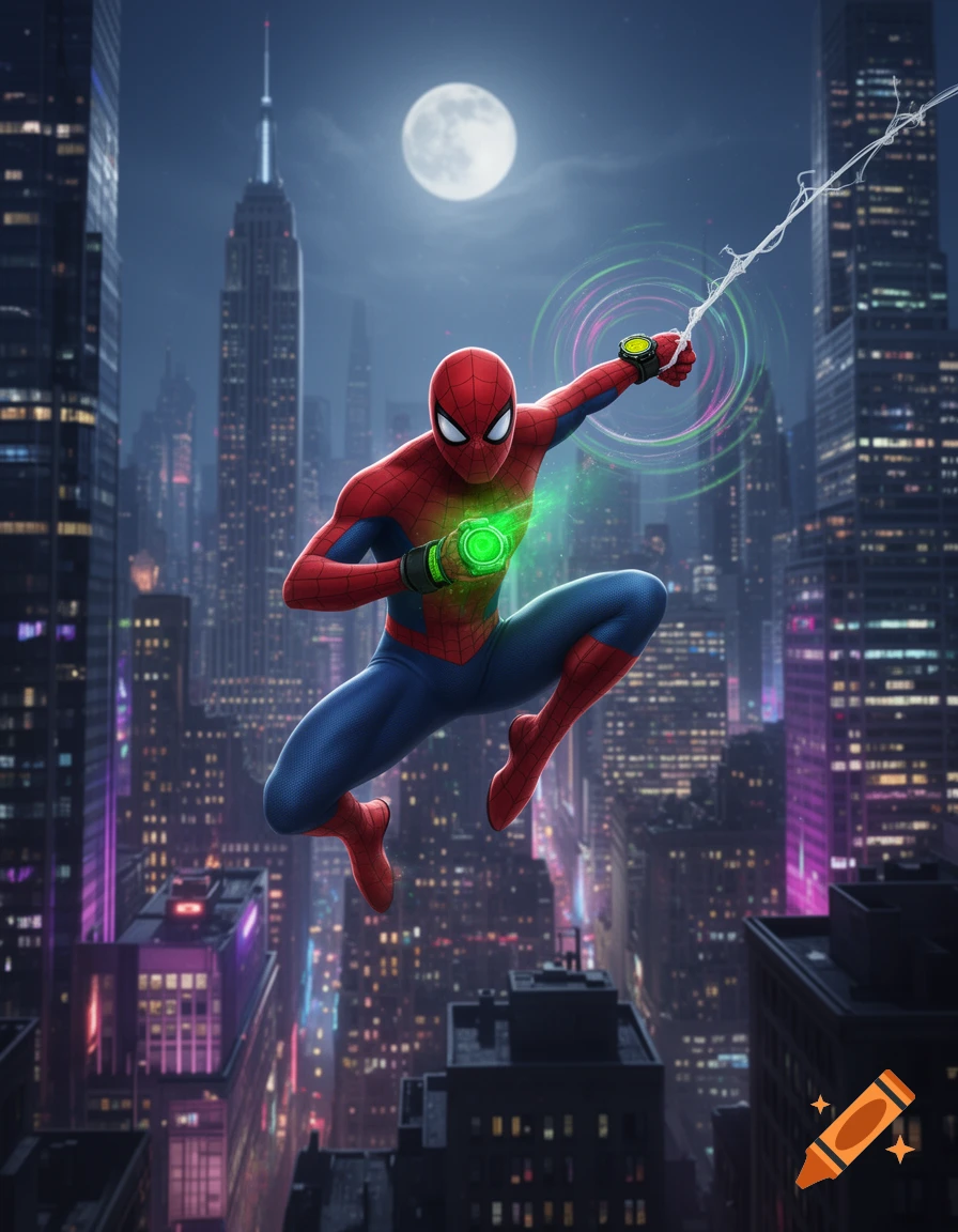 Spider-Man leaps over a city at night under a full moon, with glowing green devices on his chest and wrist.