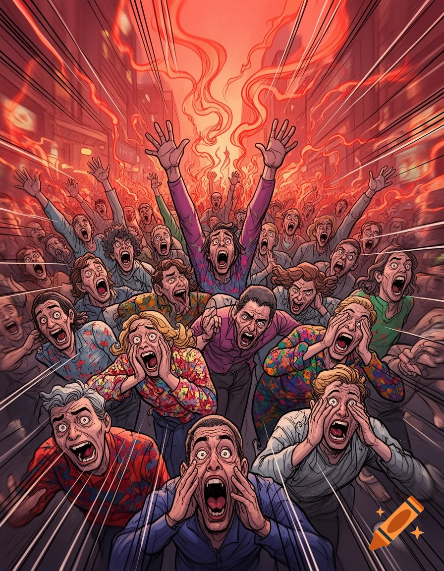 Stylized illustration of a large, panicked crowd screaming in a street with red, smoky energy and speed lines.