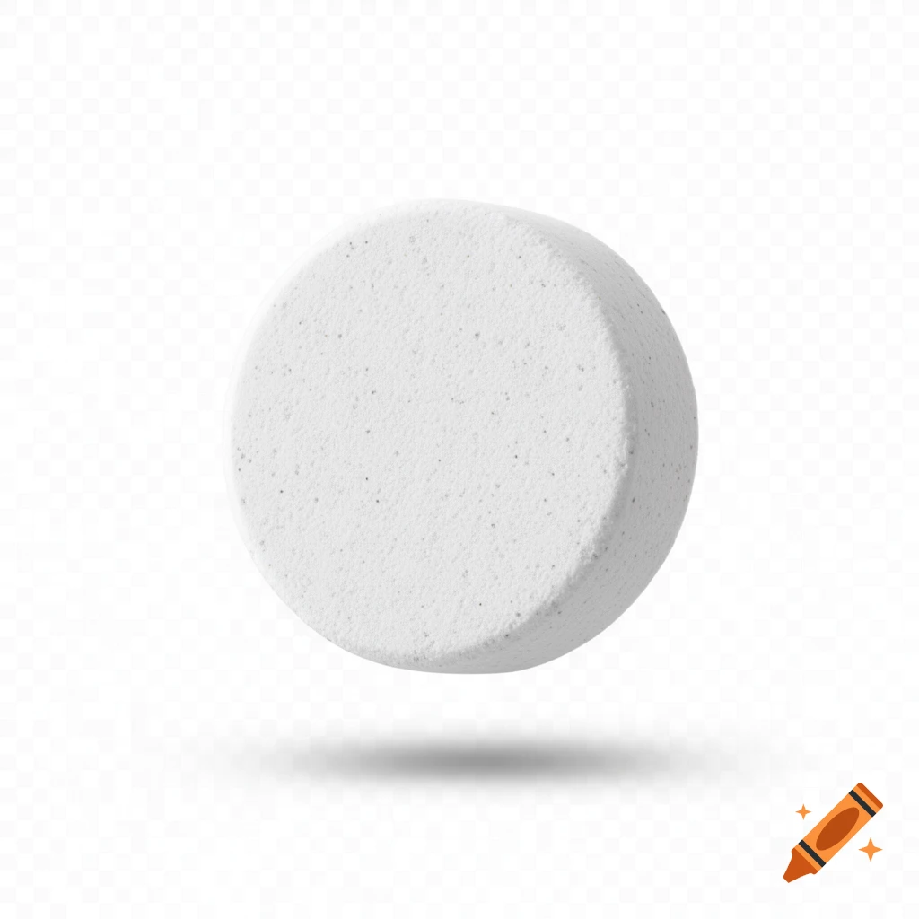 A white, circular cleaning tablet floating above a transparent background with a subtle shadow underneath.