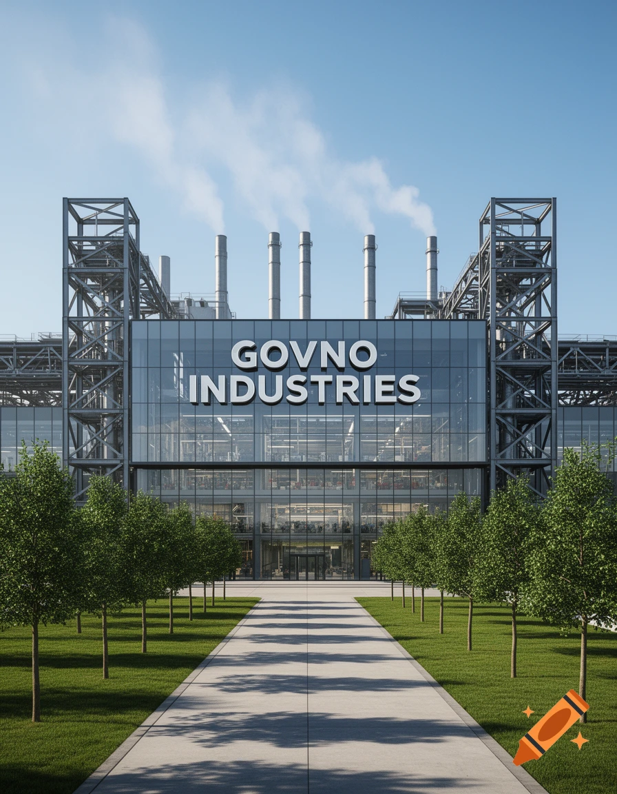 Photorealistic view of a modern industrial building with 'GOVNO INDUSTRIES' on its glass facade, green lawn, and tree-lined path.