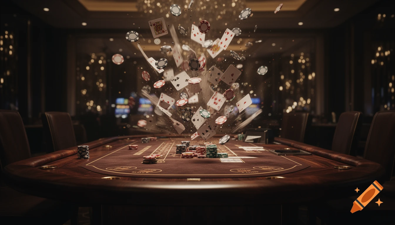 A photorealistic, cinematic shot of a luxury casino poker table with cards and chips exploding into the air with motion blur.