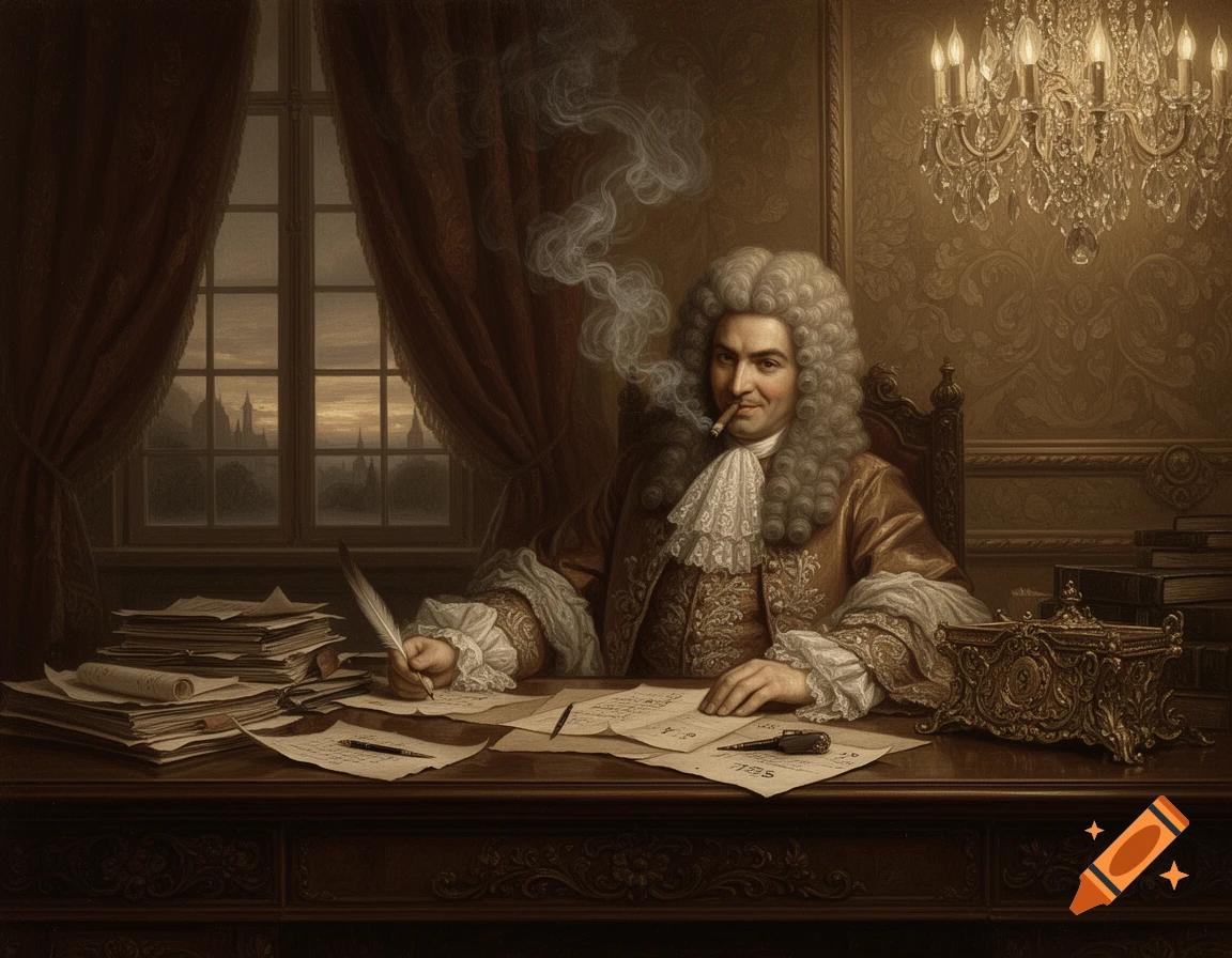 Baroque-era man in a powdered wig smokes a cigar and writes at a desk, with a cityscape visible through a window.