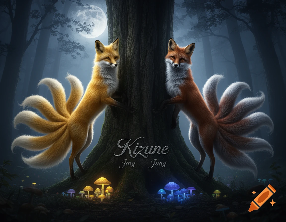 Two photorealistic multi-tailed foxes (kitsune) lean against a large tree trunk in a mystical moonlit forest with glowing mushrooms.