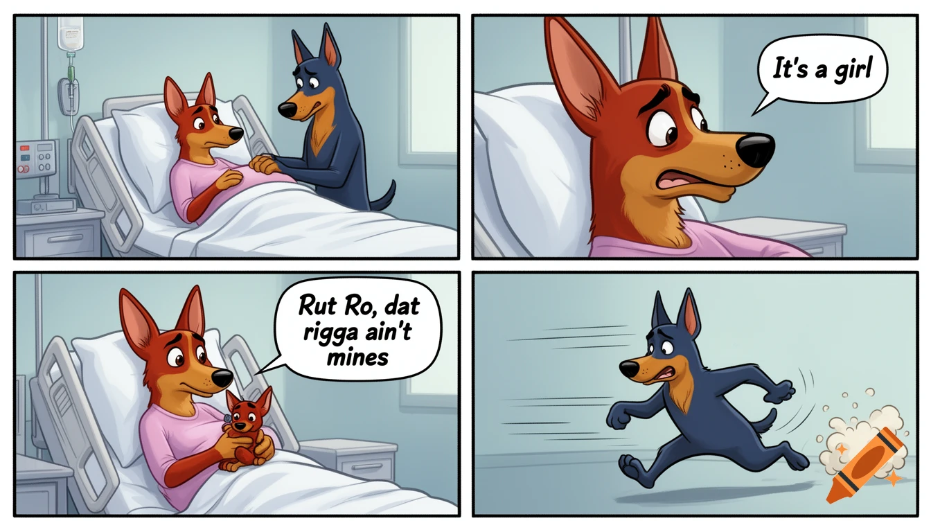 A four-panel cartoon comic. A female dog in a hospital bed gives birth, a male dog says "Rut Ro, dat rigga ain't mines" and runs away.