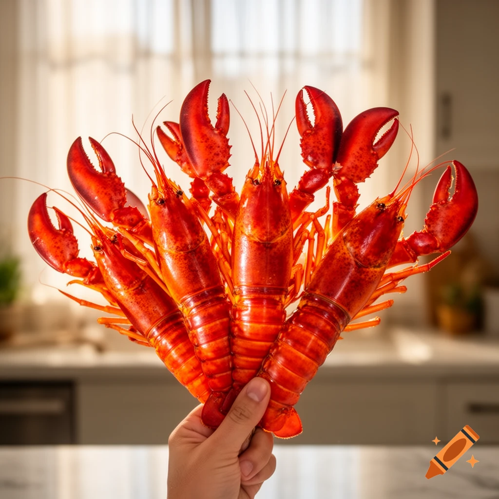 A hand holds several bright red cooked lobsters fanned out, against a blurred kitchen background.
