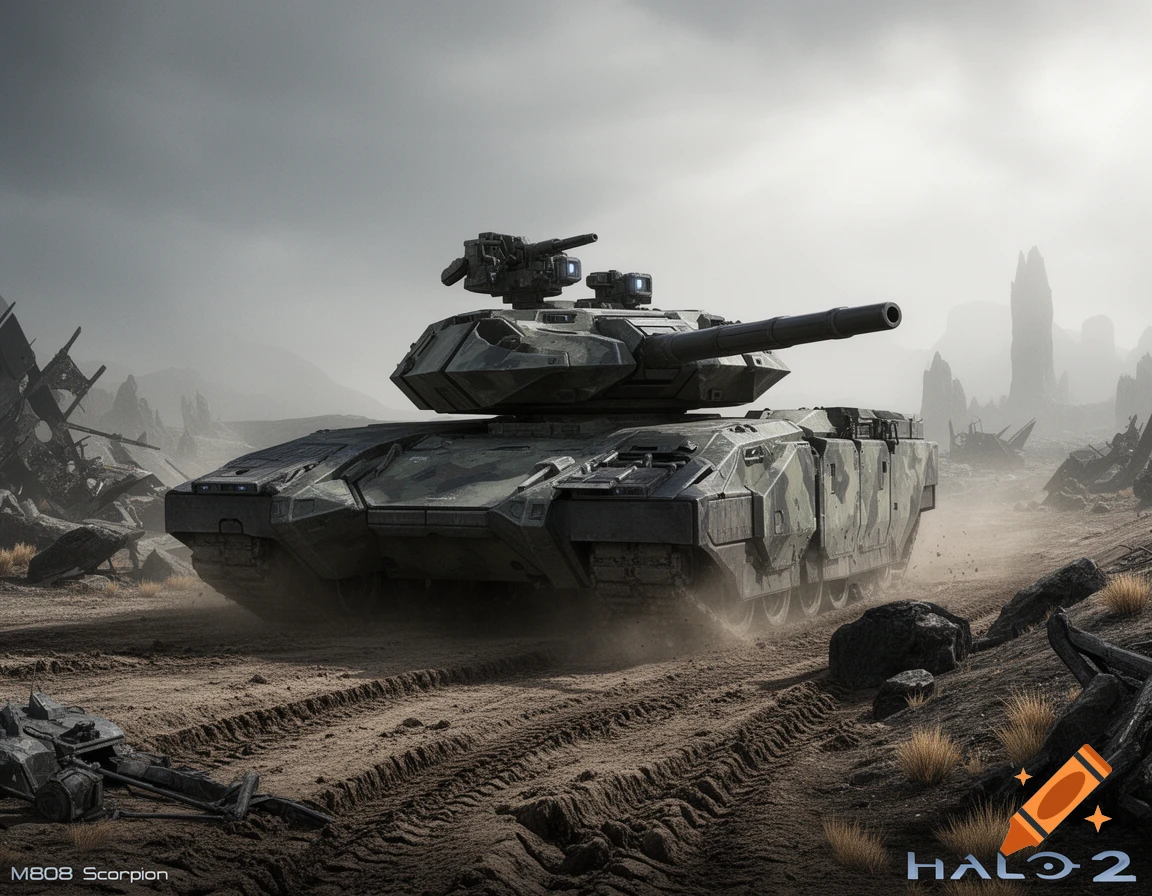 A detailed camouflaged M808 Scorpion tank from Halo 2 drives through a dusty, war-torn landscape under a cloudy sky.
