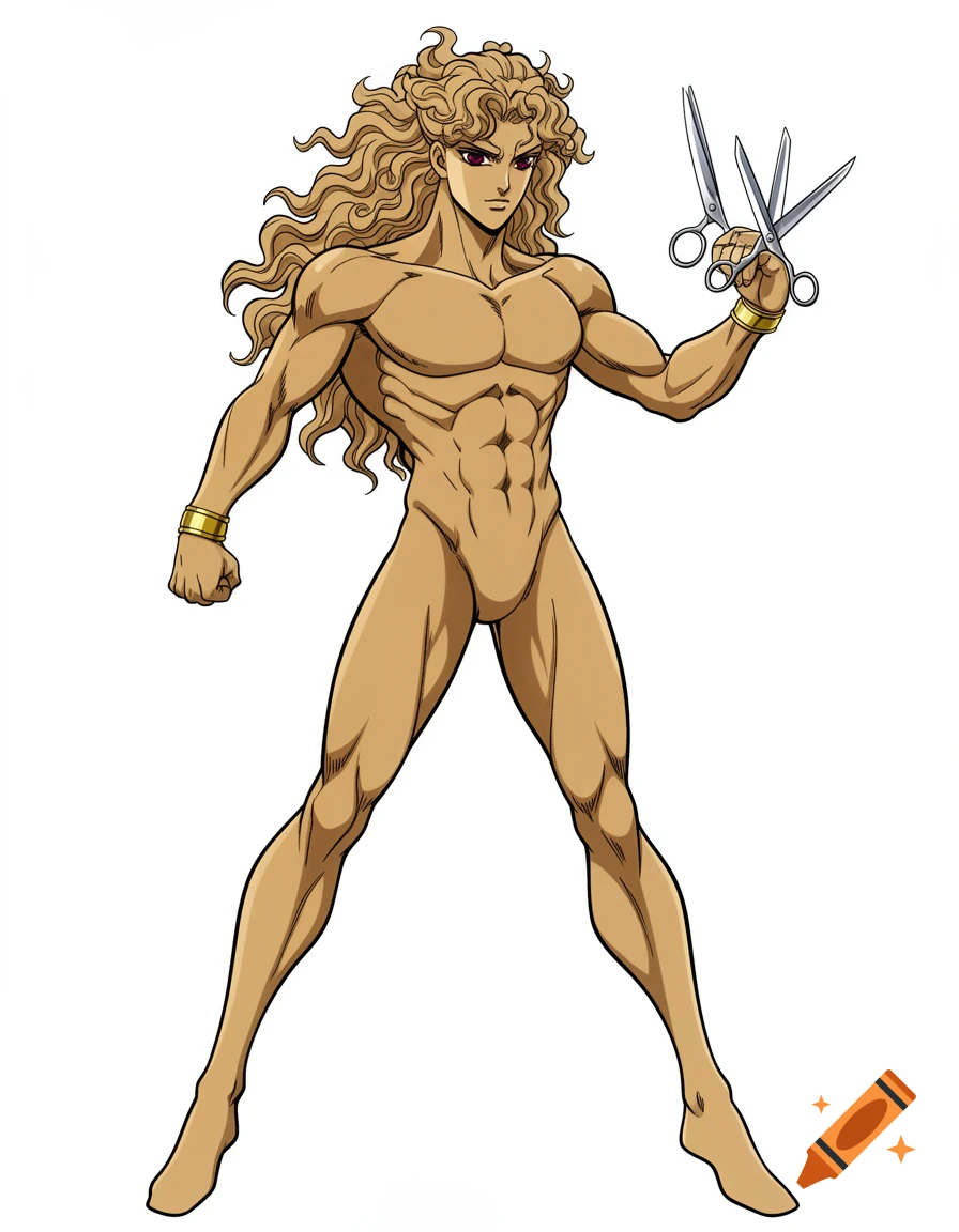 A muscular anime male character with long wavy blonde hair and purple eyes, wearing gold armbands and holding two pairs of scissors.