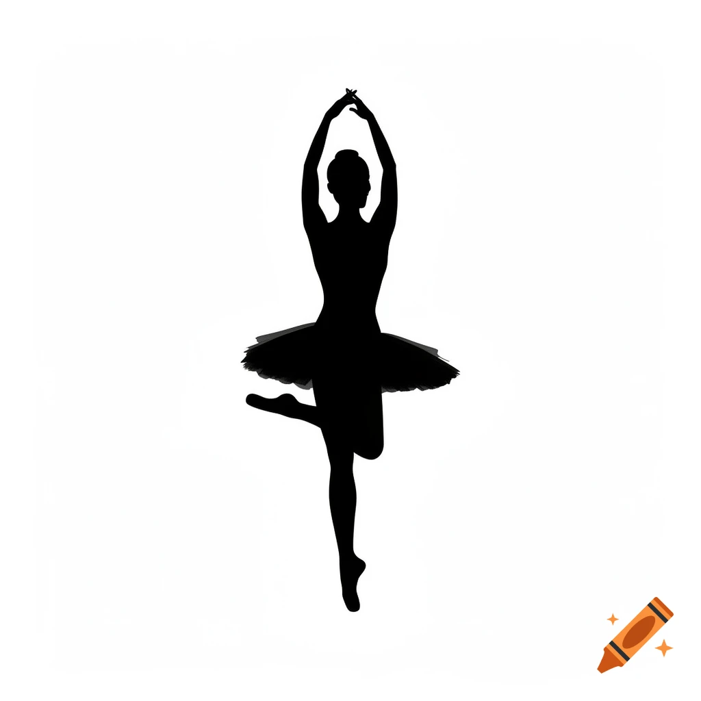 Black silhouette of a ballet dancer in an elegant pose with arms raised, on a pure white background.