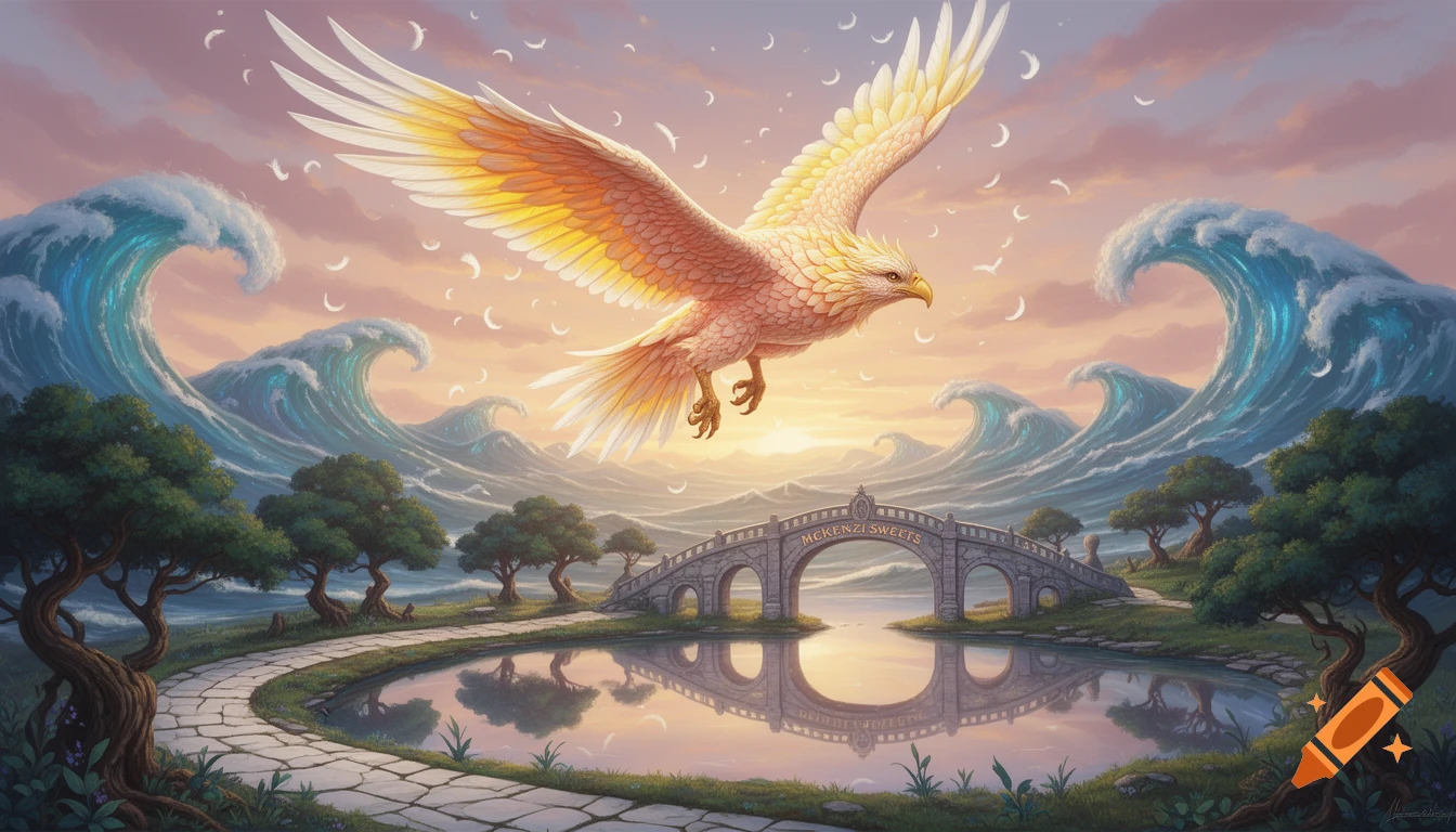 A majestic golden eagle-like creature soars over a reflective pond with a stone bridge, surrounded by large blue waves and a pink sunset.