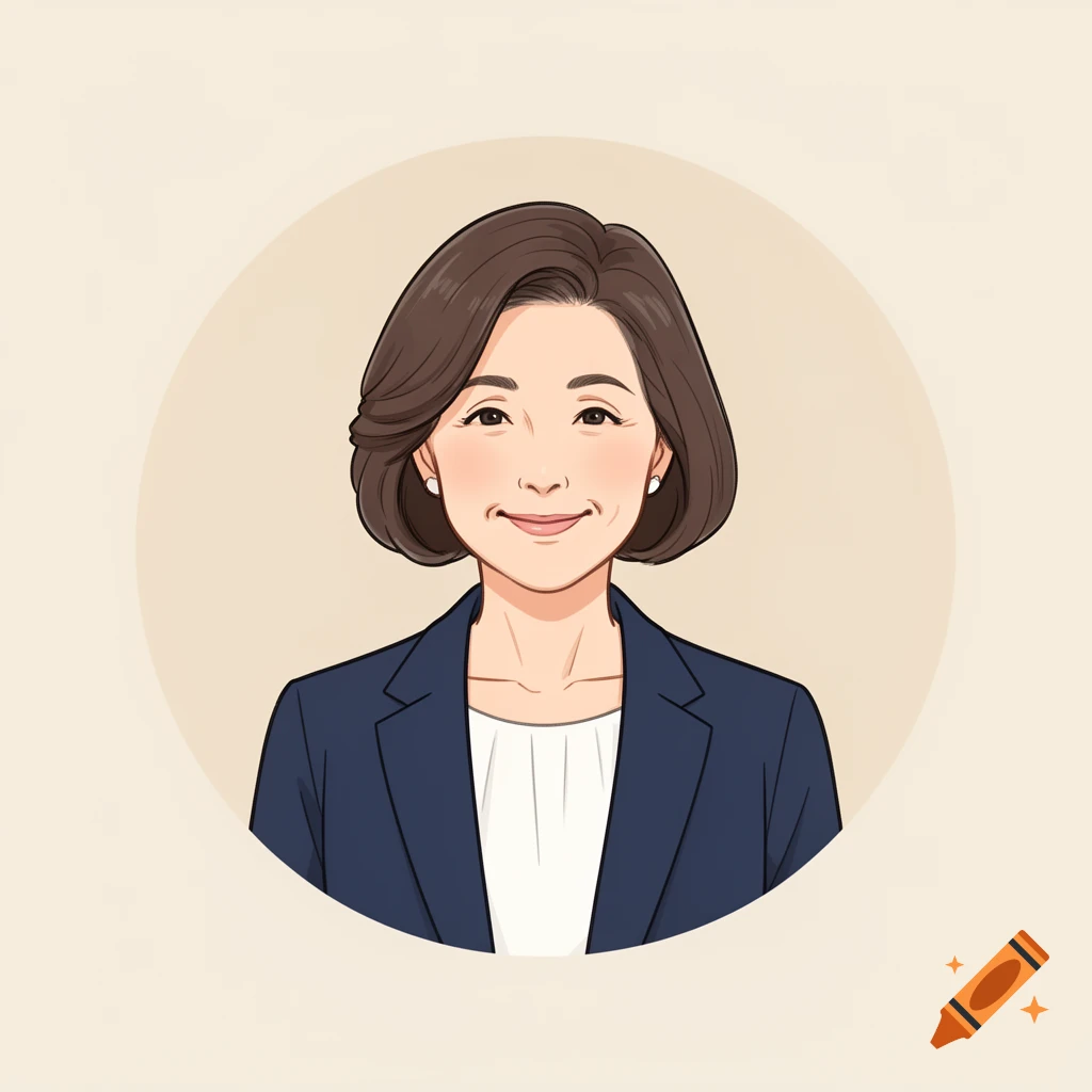 Cartoon illustration of a smiling Japanese woman with short dark brown hair, wearing a dark blue jacket and white blouse, against a light beige background.