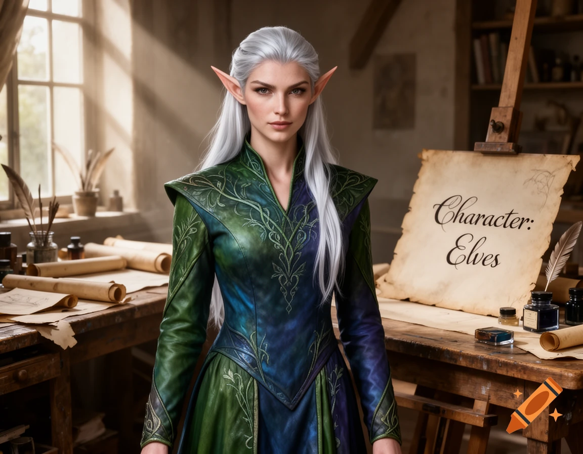 Photorealistic elf with silver hair, pointed ears, and an ornate green and blue dress, standing in a study with scrolls.