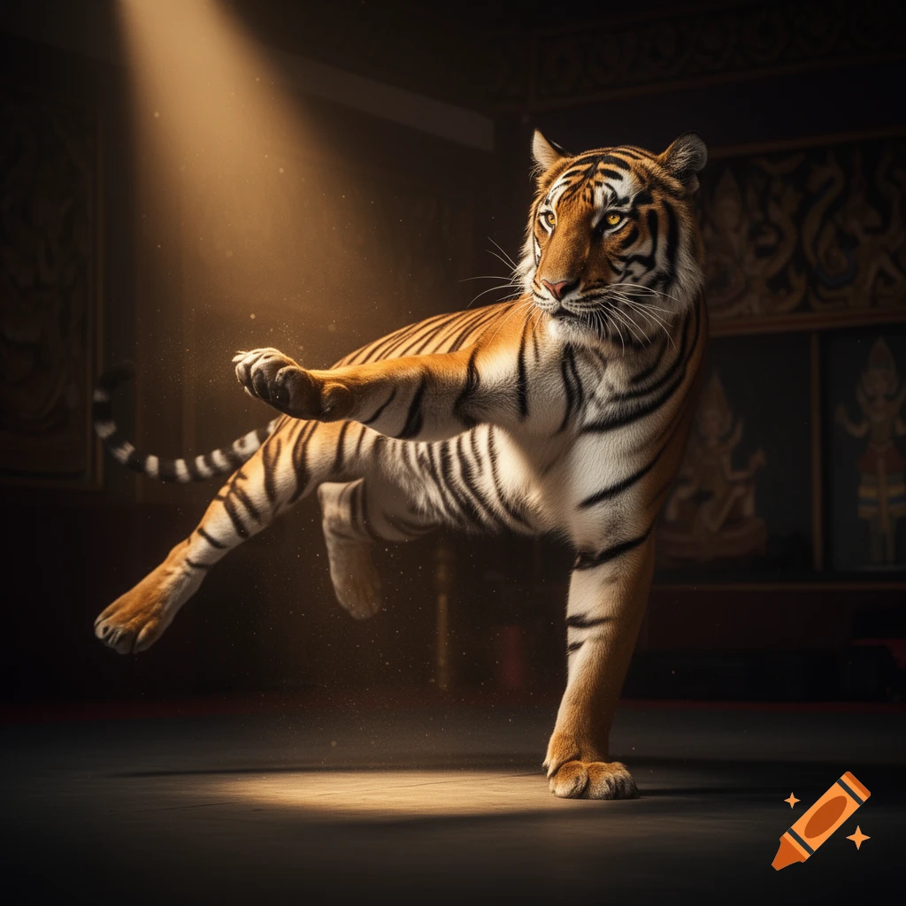 Photorealistic tiger in a dynamic martial arts pose, lit by a spotlight in an ornate, dark room.