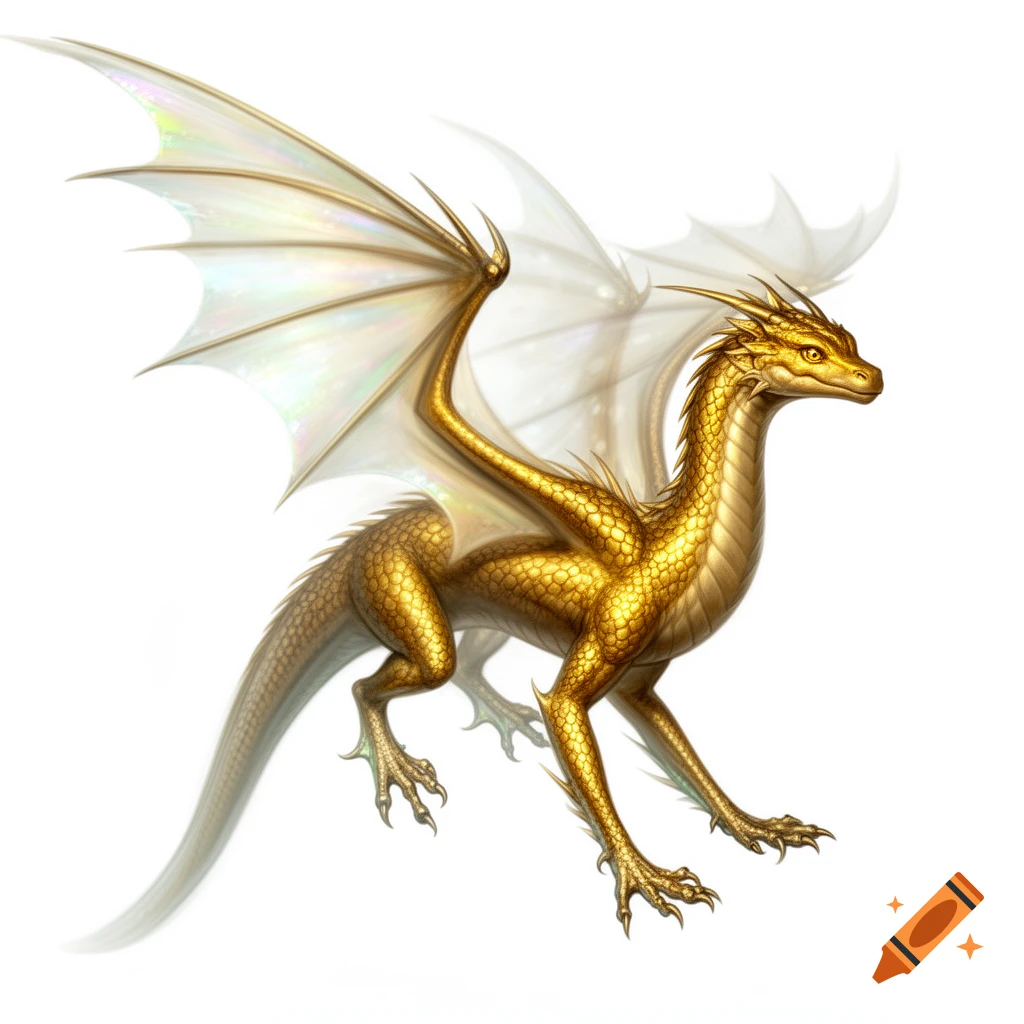 A majestic golden dragon with iridescent, translucent white wings stands on a white background.
