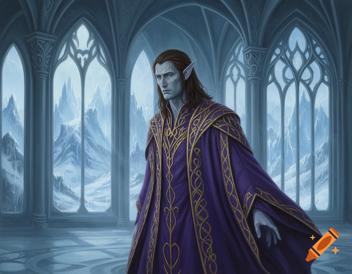 Austere elf wizard in a purple and gold robe stands in a grand hall with arched windows overlooking icy mountains, fantasy painting.