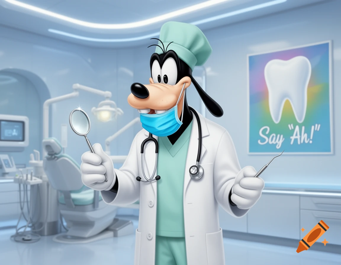Goofy, dressed as a dentist, holding a dental mirror and pick in a bright dental office, with a 'Say Ah!' poster behind him. Cartoon style.