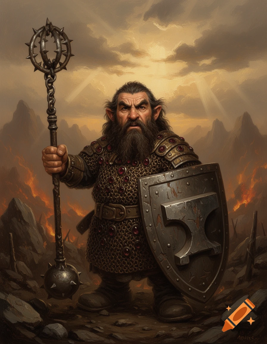 A grim dwarf warrior in bronze chainmail with red gemstones, holding a spiked flail and a shield with an anvil symbol, in an oil painting style.