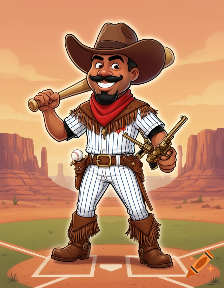 A cartoon character, a mix of a cowboy and a baseball player, stands on a baseball field in a desert landscape. He wears a cowboy hat, pinstripe baseball uniform, red bandana, and fringed chaps, holding a baseball bat and two golden revolvers.