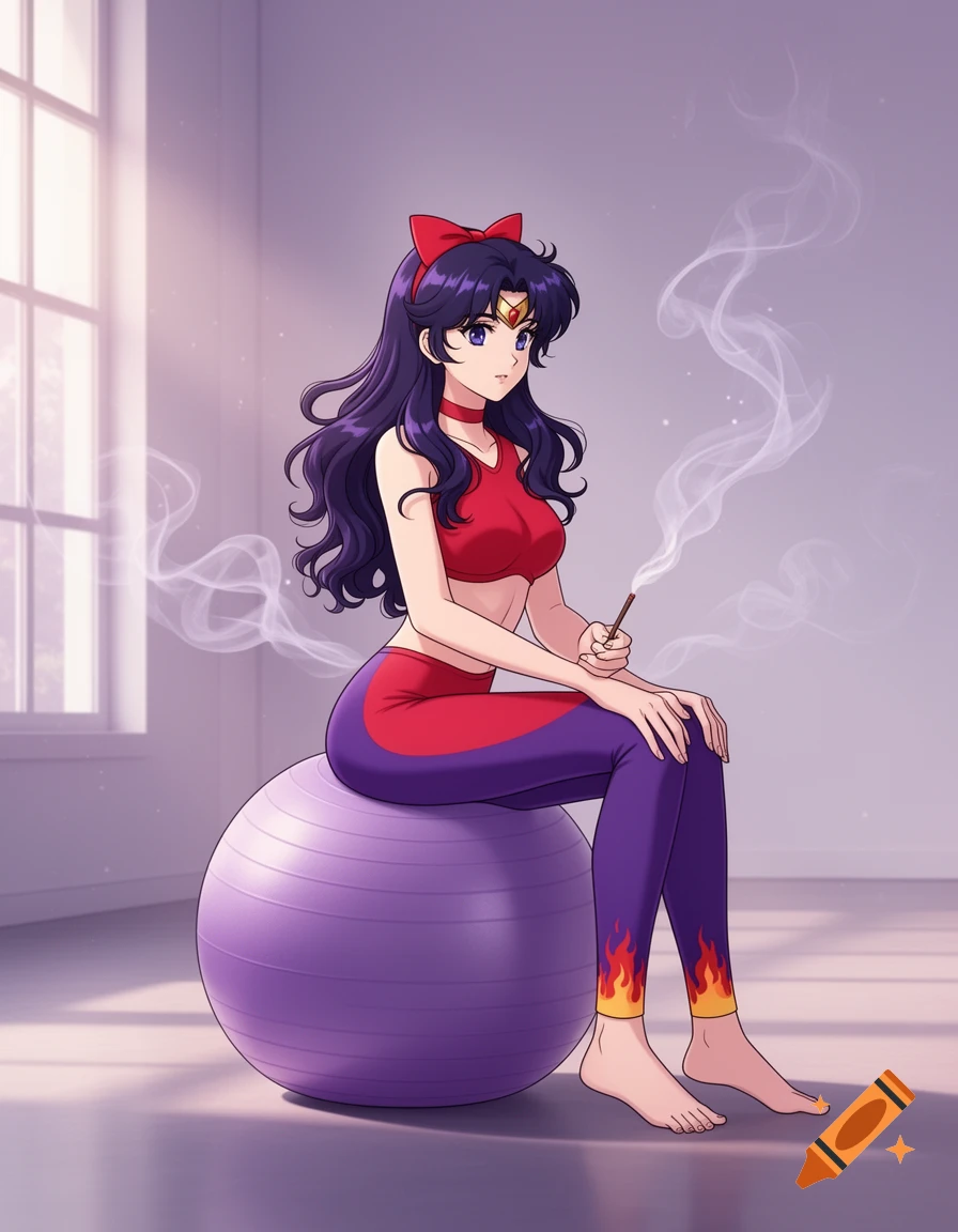 Anime-style Sailor Mars with dark hair in a red top and purple flame leggings, sitting on a purple yoga ball, holding an incense stick.