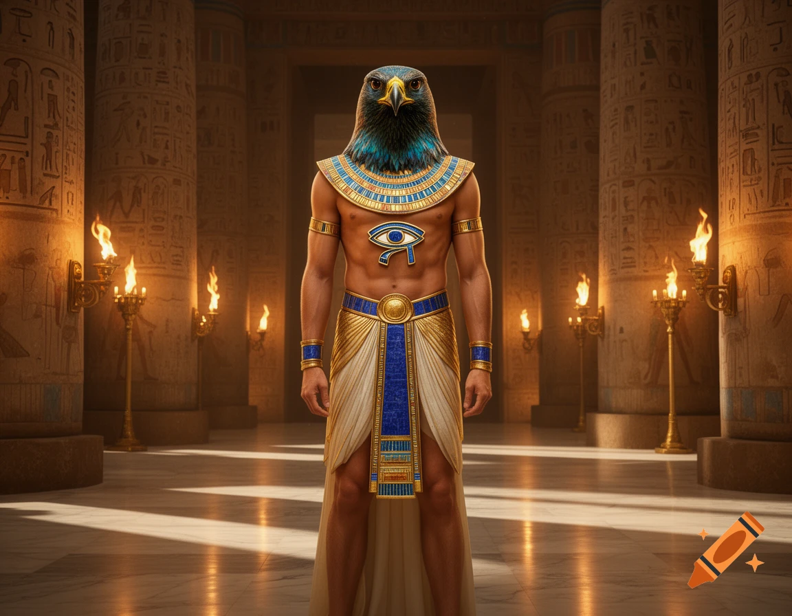 A photorealistic image of Horus, the falcon-headed Egyptian god, adorned in blue and gold, standing in a grand torch-lit temple.