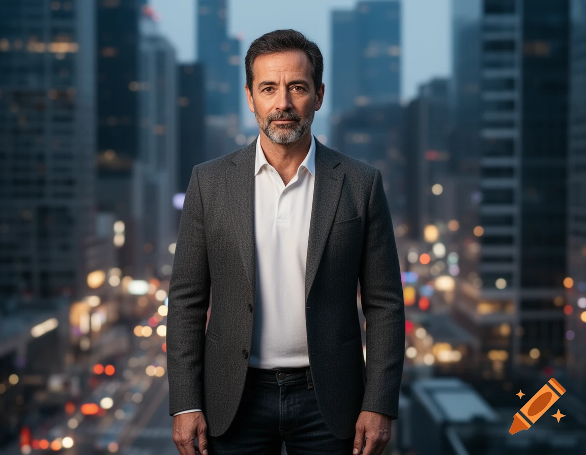 A confident man with a beard, wearing a grey blazer and white polo shirt, stands against a blurred city skyline at dusk.
