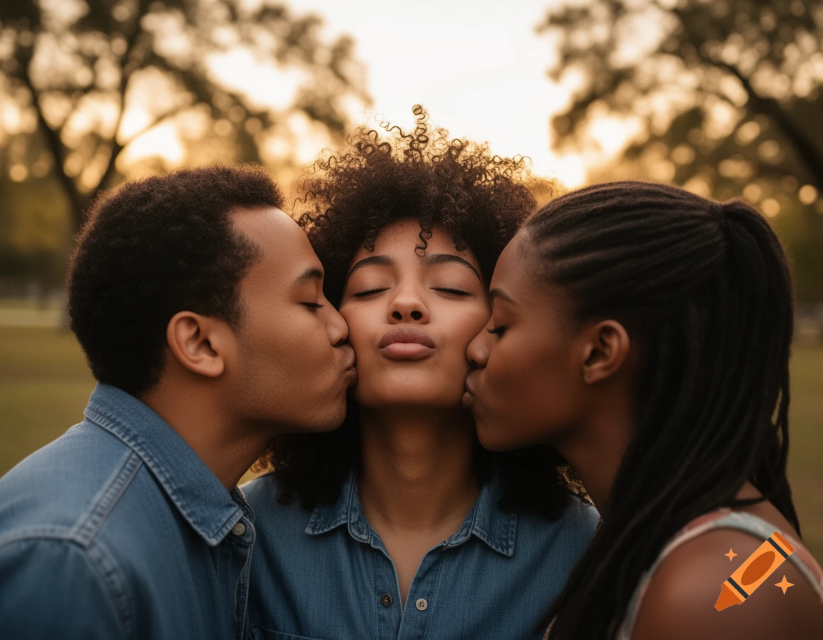Two people kissing a third person on the cheeks outdoors at sunset, photorealistic style.