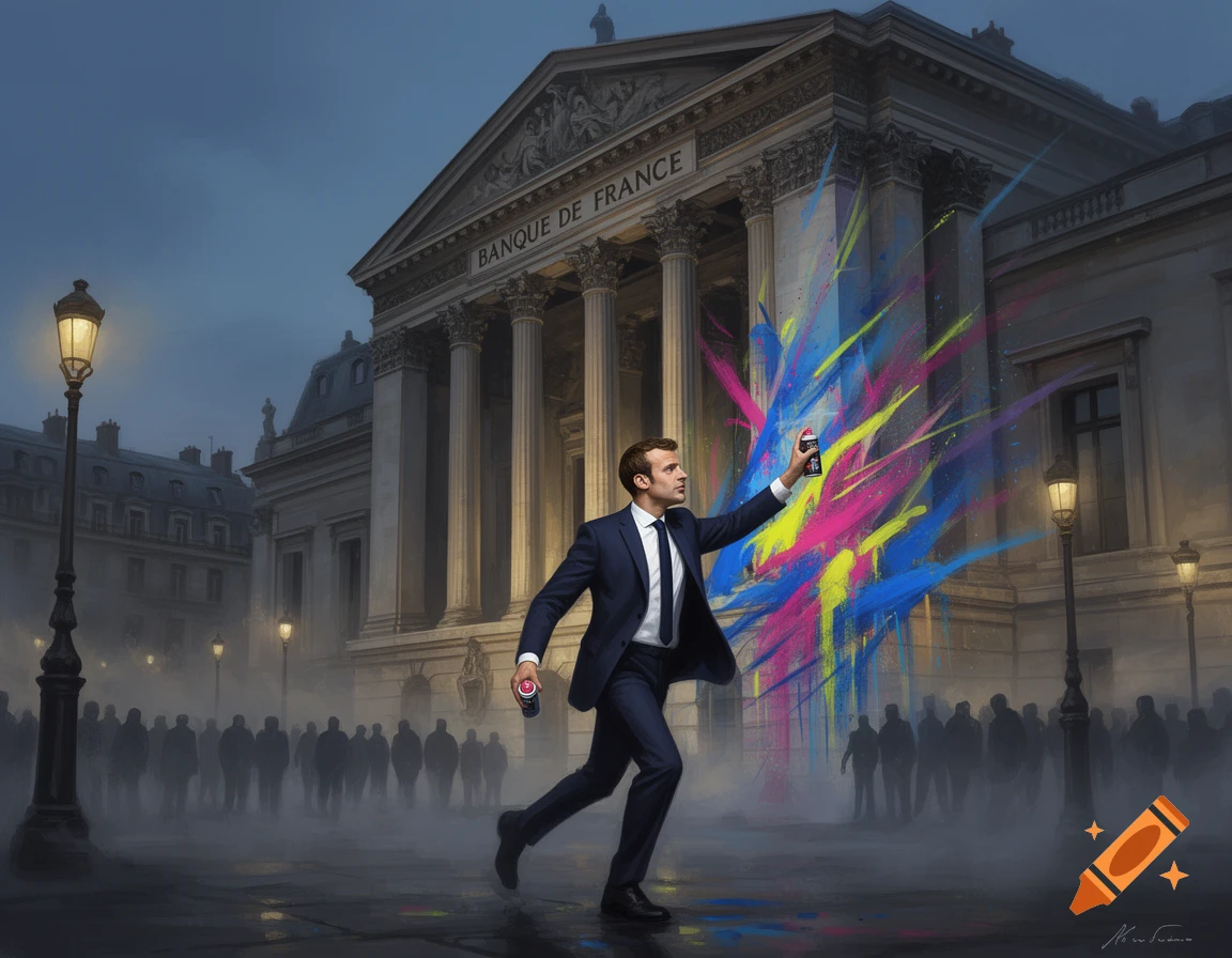 Emmanuel Macron spray painting colorful streaks on the 'Banque de France' building at dusk, with a blurred crowd in the background.