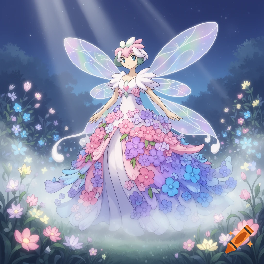 A fairy-like creature, Florges, with a dress made of pink, purple, and blue flowers, stands among glowing flowers in a mystical forest. Translucent, rainbow-hued wings are on its back, and light rays shine down from above.
