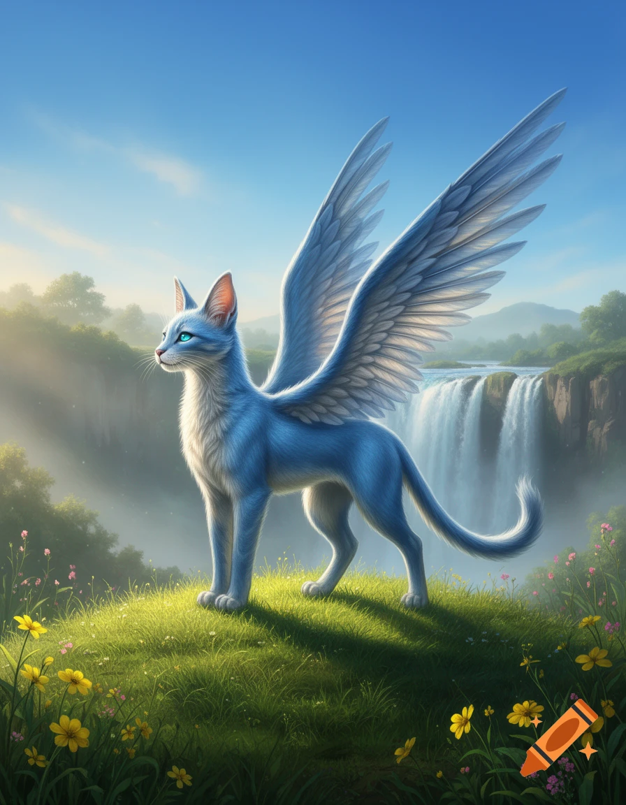 A majestic blue winged cat with bright blue eyes stands on a green hill, overlooking a scenic waterfall and lush valley under a clear blue sky.