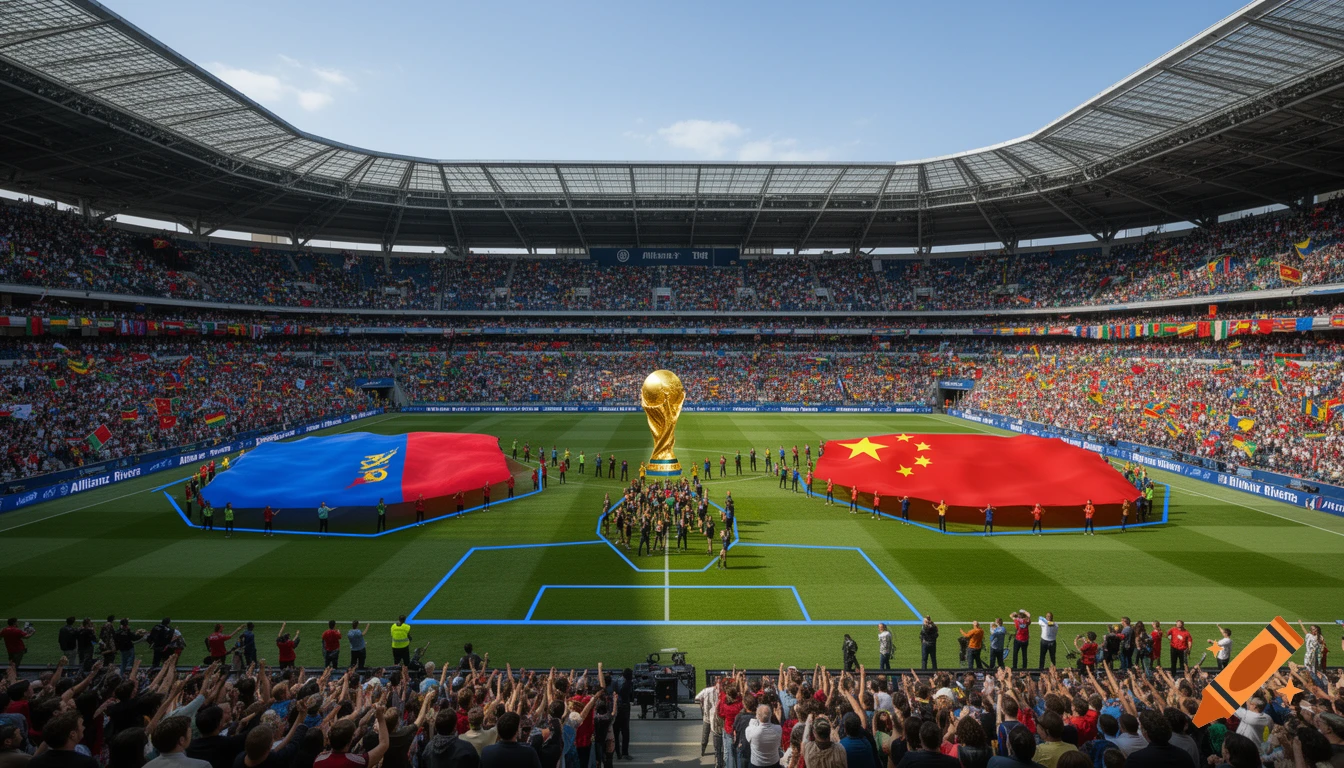 Photorealistic image of a flag ceremony inside Allianz Riviera stadium with a FIFA World Cup trophy on the field and large flags of DR Congo and China PR held by people, surrounded by a cheering crowd.